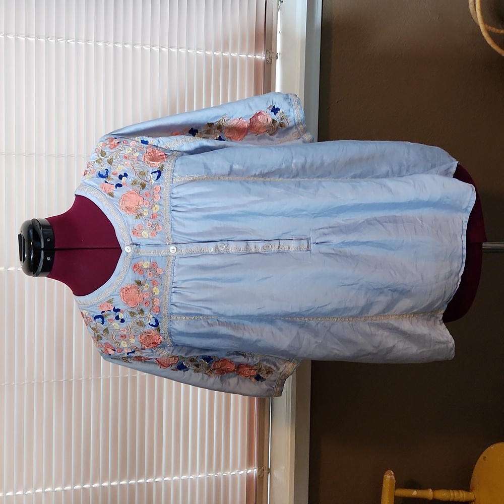 Sundance Light Blue Embroidered Peasant Blouse